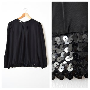 80s Black Sequin Blouse | Long Sleeve Blouson Top SHIP N SHORE Womens Size Large XL