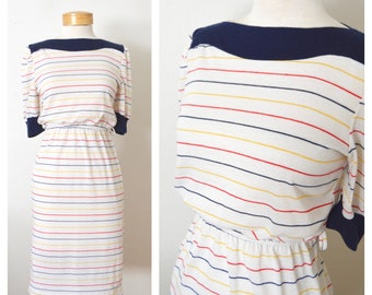 70s 80s Striped Dress Boat Neck Dress | Rainbow Striped Sundress | Blouson Nautical Dress | Womens Size XS