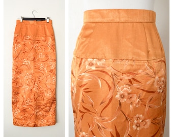 Vintage Orange Floral Maxi Skirt | Orange Satin Maxi Pencil Skirt | Women's Size XXS