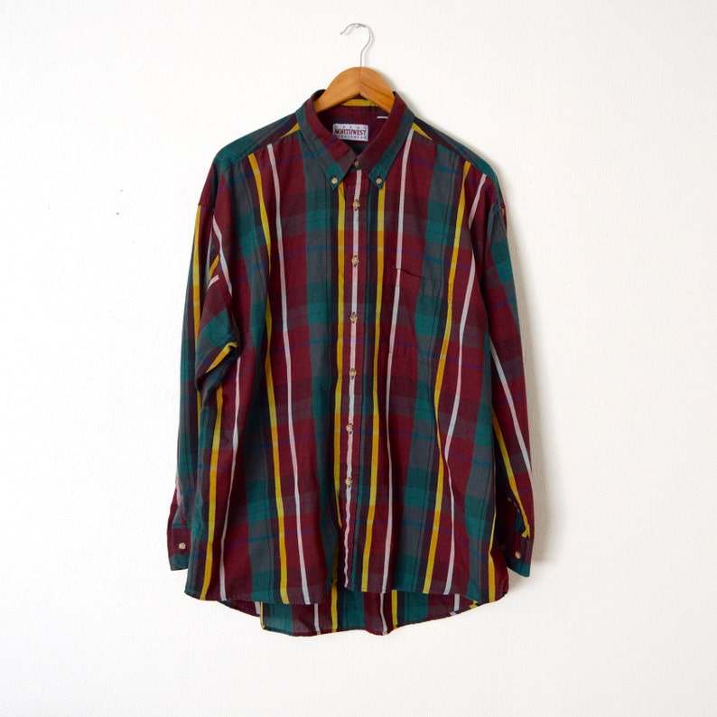 Maroon Hunter Green Dark Plaid Button Down Long Sleeve Shirt Lightweight Cotton Summer Plaid 80s Vintage Plaid Shirt