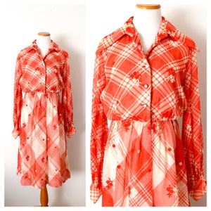 1970s Shirt Dress | White & Red Checkered Dress | Plaid Rockabilly Dress | Vintage 70s Collared Dress MORTON MYLES Size Small Medium