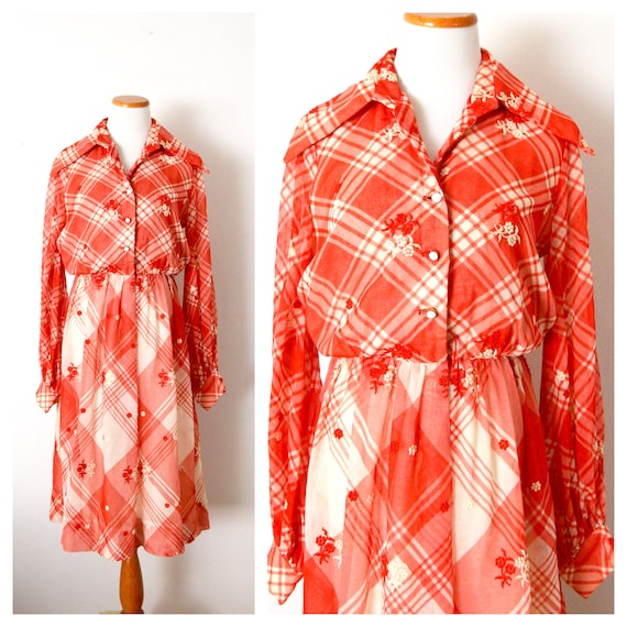 1970s Shirt Dress | White & Red Checkered Dress |