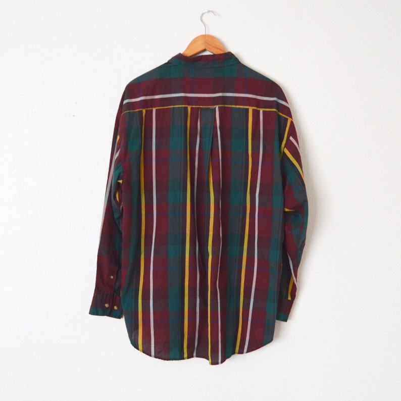 Maroon Hunter Green Dark Plaid Button Down Long Sleeve Shirt Lightweight Cotton Summer Plaid 80s Vintage Plaid Shirt