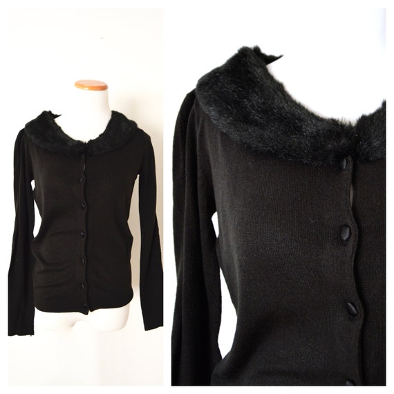 90s Fur Collar Cardigan Sweater Button Down Top |