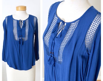 Cobalt Blue Gauze Blouse | Boho Crochet Peek-A-Boo Cutout Top | Tie Neck Keyhole Pullover Blouse Womens Small Medium