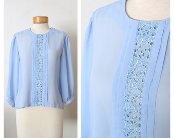 70s Crepe Secretary Blouse | 1970s Pastel Blue Sheer Pleated Top GAILORD Women's Size Large