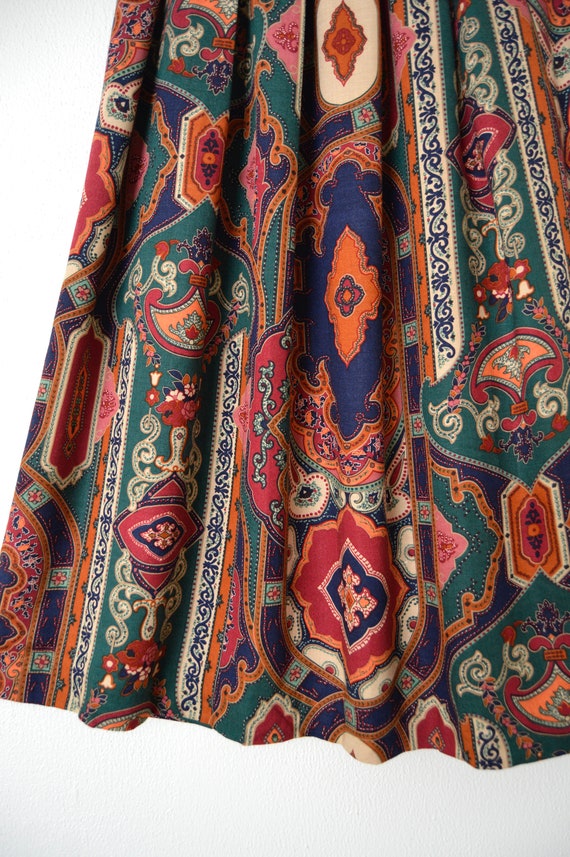 80s Boho India Print Skirt | A Line Pleated Midi … - image 3