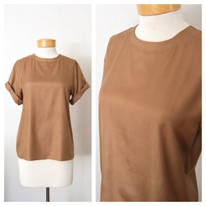 80s Vintage Nordstrom Silk Blouse | 1980s Brown Silk Short Sleeve Top | Size Small Medium