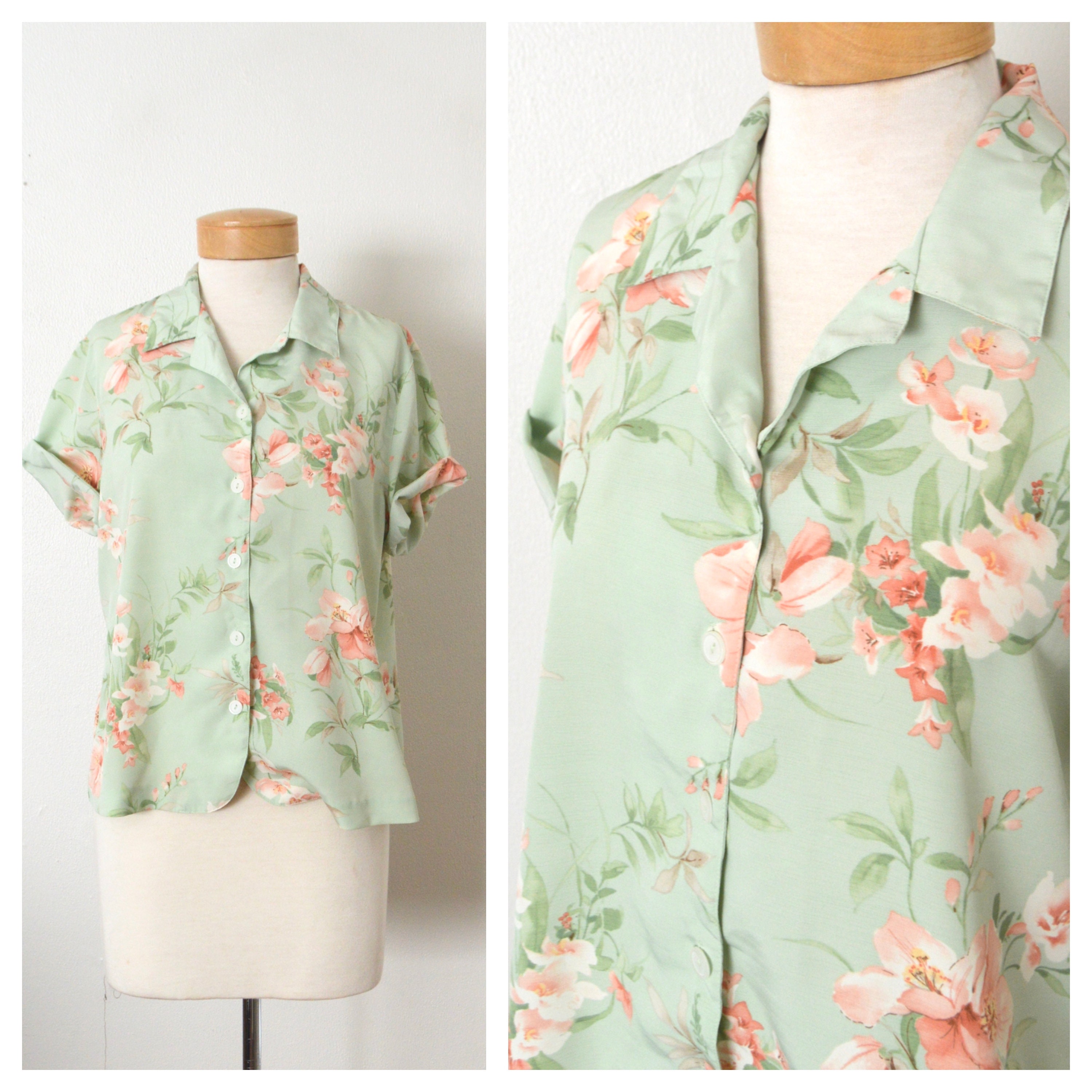 ALFRED DUNNER Sage Green Floral Blouse | Pink Floral Print Button Down Short Sleeve Top | Women's Size Medium Large