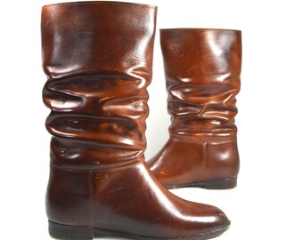 SALE Insulated Rain Snow Winter Boots | Molded Rubber Slouchy Cognac Boots | Made In USA Whisky Brown All Weather Boots Sz 4 Junior 6 Women