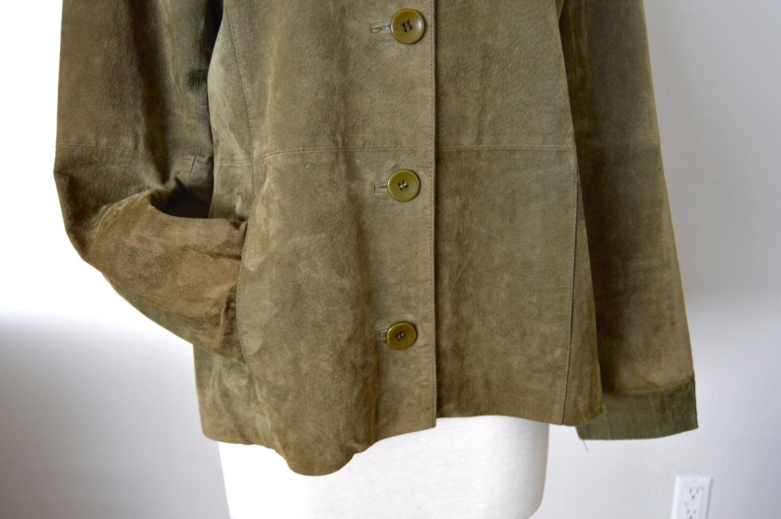 Moss Green Suede Leather Coat Button Down Shirt Jacket Barn | Etsy