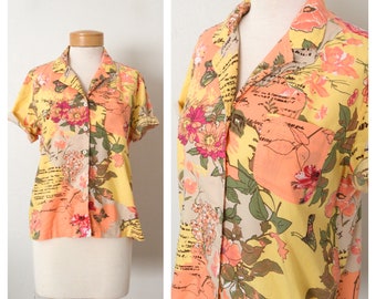 90s Botanical Blouse | ERIKA Cotton Rayon Blouse | Peach Yellow Floral Collared Top