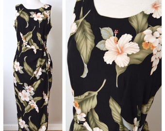 90s Black Floral Rayon Dress IOLANI Hawaiian Dress | Sleeveless Wrap Dress | Size Small Medium