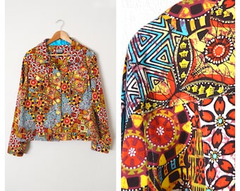 Veste à imprimé tribal des années 80 BEREK Veste-chemise abstraite des années 80 | Chemise boutonnée à motifs floraux Southwest pour femmes, grande taille 1X