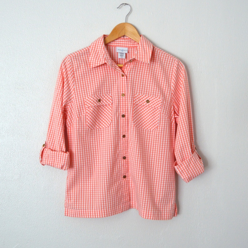 90s Gingham Blouse Pink Checkered Button Down Top Cuff - Etsy