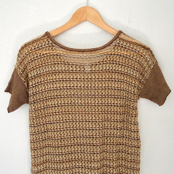 Brown Crochet Knit Blouse Short Sleeve Open Knit … - image 6