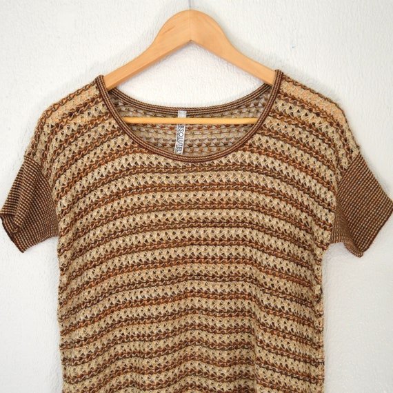 Brown Crochet Knit Blouse Short Sleeve Open Knit … - image 5
