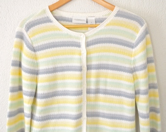 90er Jahre gestreift Cardigan Pullover LIZ CLAIBORNE Strickpullover | Pastell lila & gelb gestreift Strickjacke Button Down Pullover Größe Medium