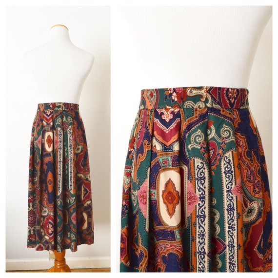80s Boho India Print Skirt | A Line Pleated Midi … - image 10