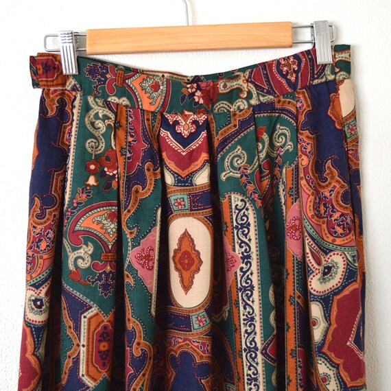 80s Boho India Print Skirt | A Line Pleated Midi … - image 5