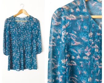 Teal & Pink Floral Tunic Blouse | Long Sleeve Sheer Pintuck Blouse Peasant Top URBAN OUTFITTERS Size XS