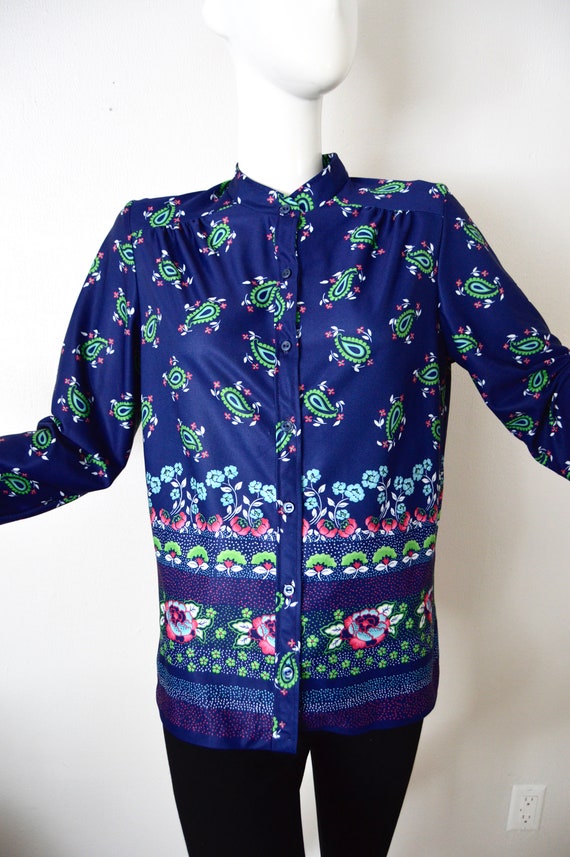 70s Paisley Floral Polyester Blouse | Boho Floral… - image 8