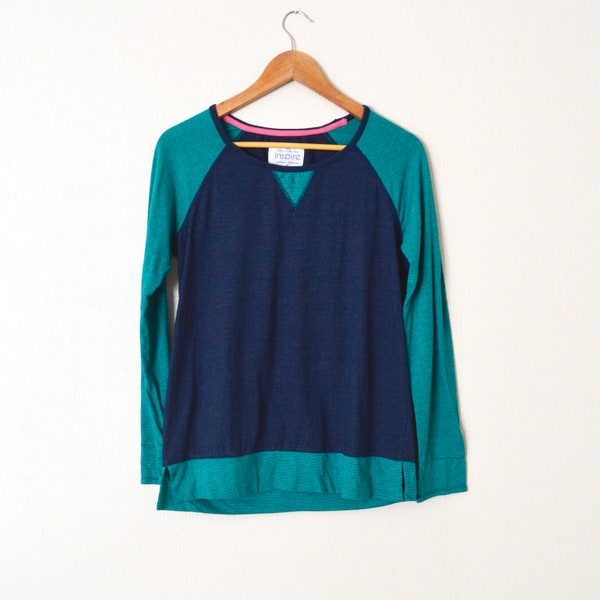 90s Color Block Blouse Long Sleeve T Shirt | Teal Blue Raglan Sleeve Crewneck Shirt Cotton Jersey Knit Normcore Womens Top Size Small