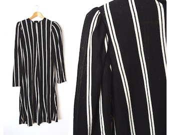 80er Jahre schwarz & weiß gestreift Pullover Kleid | Lange Shift Kleid | Lange Ärmel | Damen Größe groß