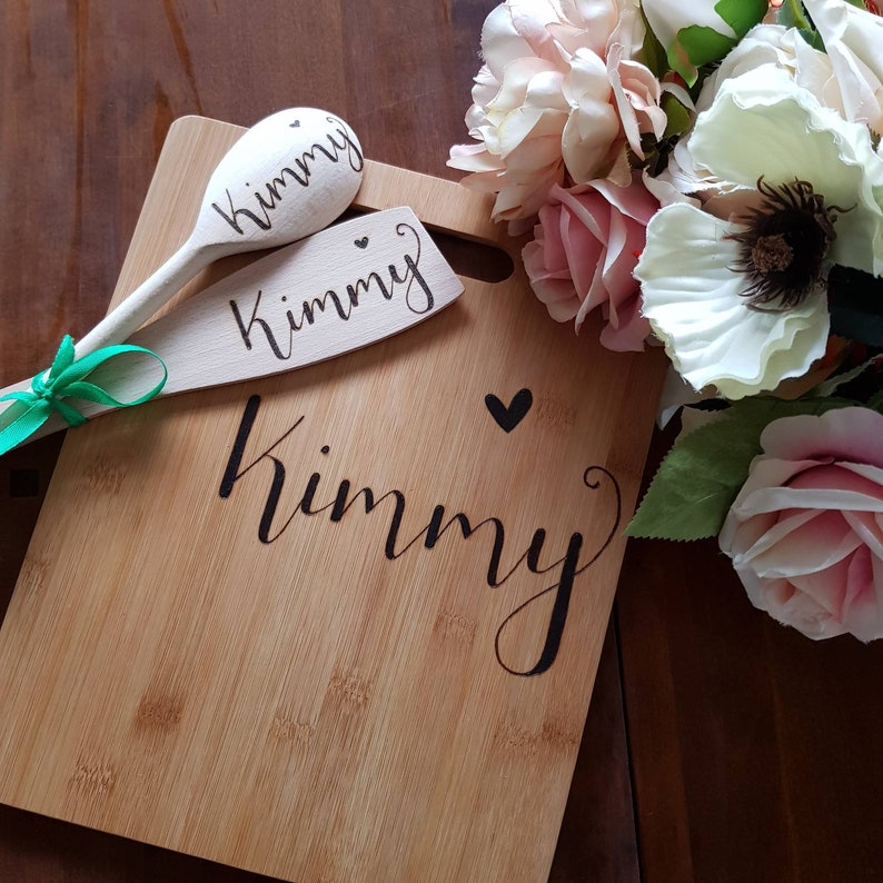 chopping board spatula and oil brush spoon Large personalised baking set makes the perfect chef gift or grandma gift with a custom whisk