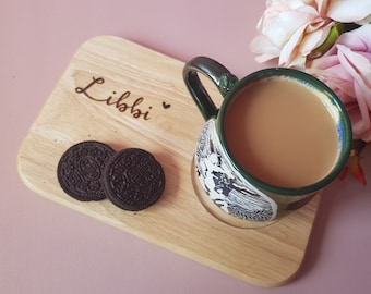 Personalised tea and biscuit board, drinks coaster, coffee and cake tray, drink and cookies