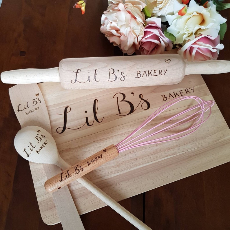 chopping board spatula and oil brush spoon Large personalised baking set makes the perfect chef gift or grandma gift with a custom whisk