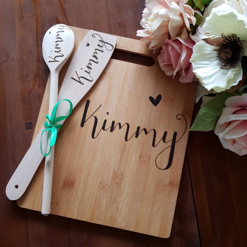 chopping board spatula and oil brush spoon Large personalised baking set makes the perfect chef gift or grandma gift with a custom whisk