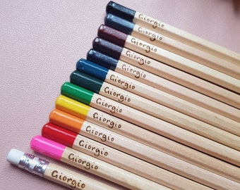 Personalised colouring pencils, 12 mixed colouring pencils customised with a name or words of your choice. Childs toy, stocking stuffer, fun