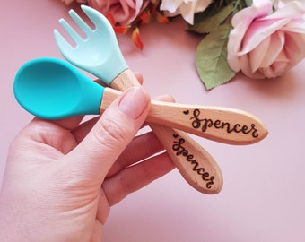 Personalised baby spoon, toddler fork, weaning spoon silicone and wood, cute hand lettered baby name training