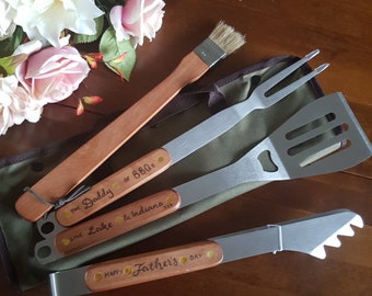 Personalized BBQ Tool Set, Stainless Steel Utensils, Pyrography Gift