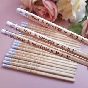 personalised wedding pencils, bulk wedding favours pencils, custom engraved pencils with wood burned names