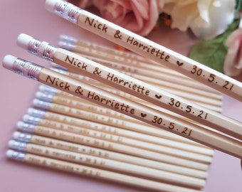personalised wedding pencils, bulk wedding favours pencils, custom engraved pencils with wood burned names
