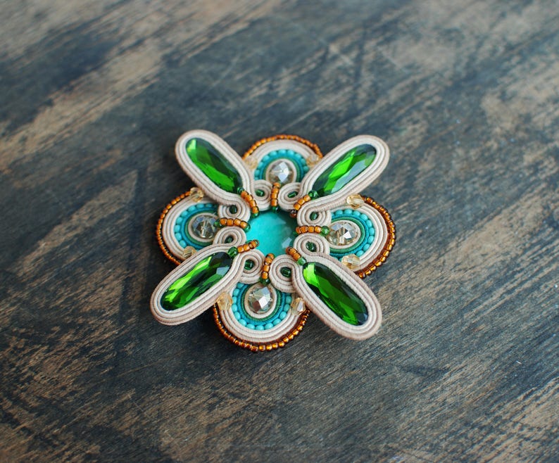 Embroidered brooch turquoise and gold brooch Gift for her Soutache brooch beige Green Soutache jewelry FREE SHIPPING Beaded brooch