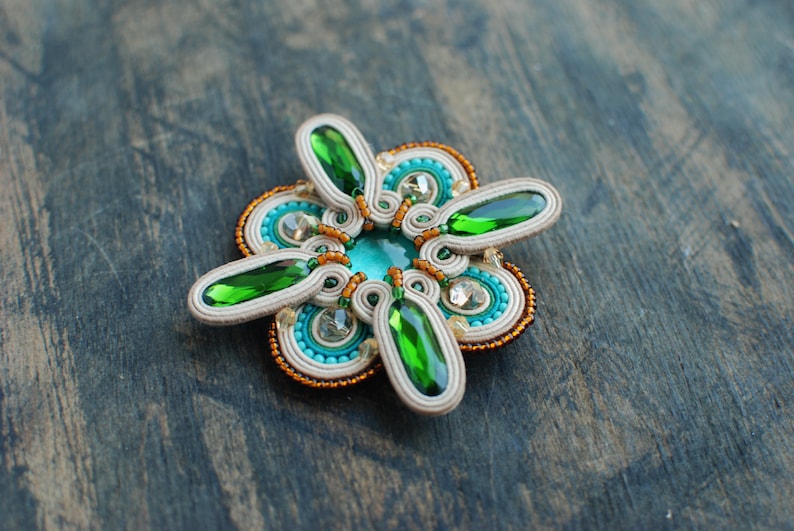 Embroidered brooch turquoise and gold brooch Gift for her Soutache brooch beige Green Soutache jewelry FREE SHIPPING Beaded brooch