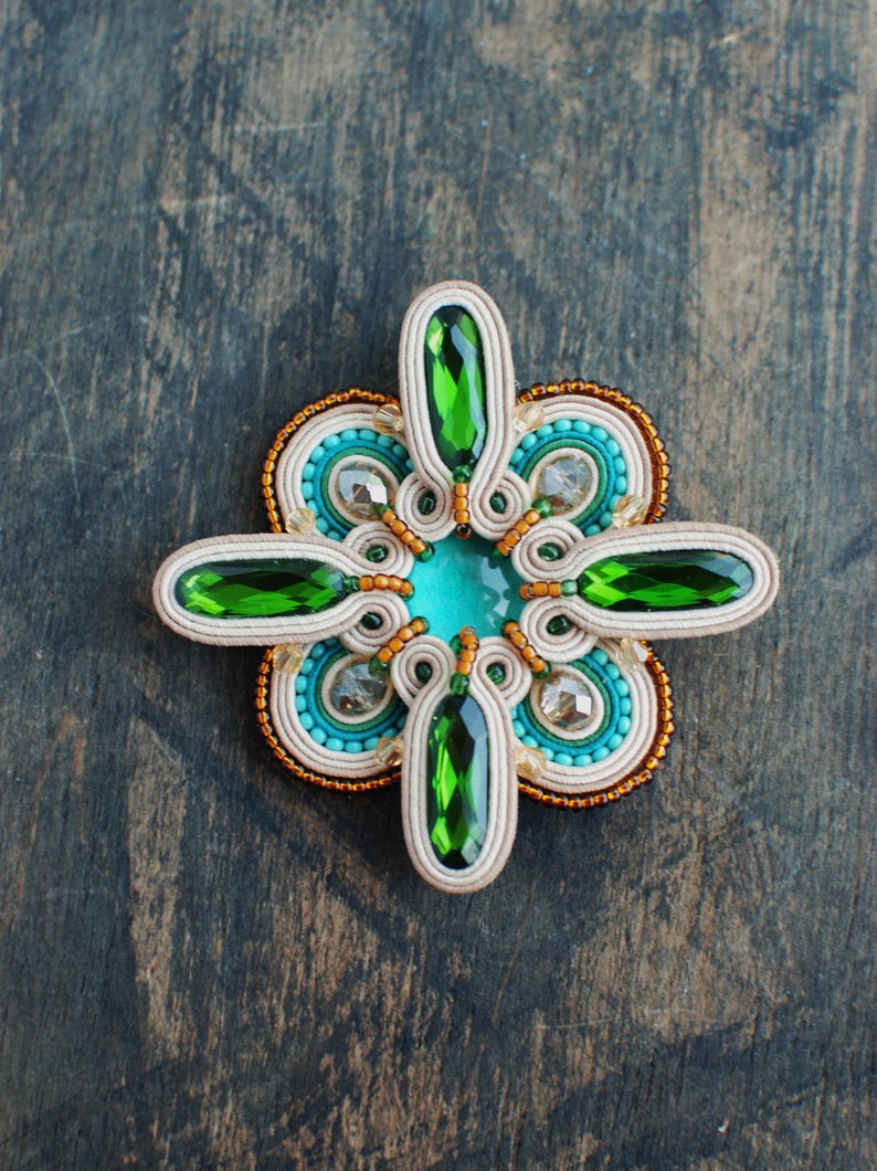 Embroidered brooch turquoise and gold brooch Gift for her Soutache brooch beige Green Soutache jewelry FREE SHIPPING Beaded brooch