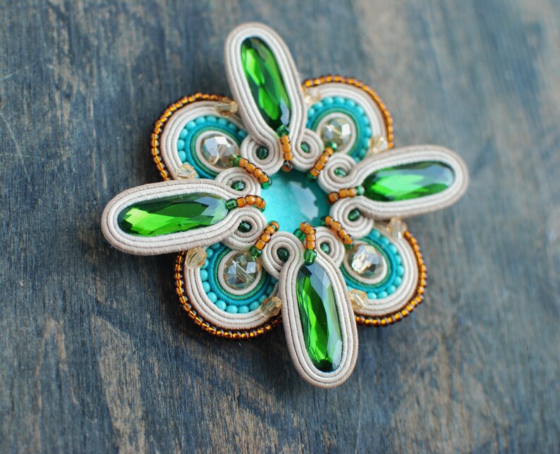 Embroidered brooch turquoise and gold brooch Gift for her Soutache brooch beige Green Soutache jewelry FREE SHIPPING Beaded brooch