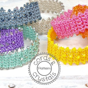 May include: A close-up of six colourful bracelets made with cords and crystals. The bracelets are arranged in a circle, with the colours ranging from purple to yellow. The bracelets are all made with the same pattern, and the crystals are all the same size and shape. The image also includes the text "cords & crystals pattern" in a circle.