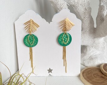 boucles d’oreilles pendante/bijoux d oreilles sequin émaillé vert/poussoir palmier/cadeau femme