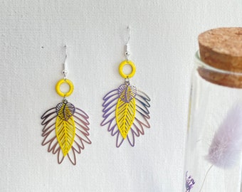 Boucles d’oreilles pendantes  feuille jaune création unique