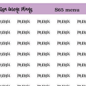 May include: A sheet of clear stickers with the word "menu" written in cursive on each sticker. The stickers are arranged in a grid pattern with five rows and five columns. The text "Lisa Lorene Plans" and "S65 menu" are printed at the top of the sheet.