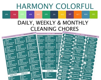 CLEANING Planner Stickers -HARMONY COLORFUL - daily, weekly, monthly cleaning chores, all you need for entire month.