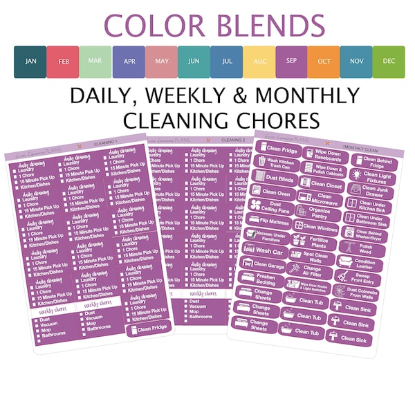 CLEANING Planner Stickers -COLORBLEND COLORS - daily, weekly, monthly cleaning chores, all you need for entire month.