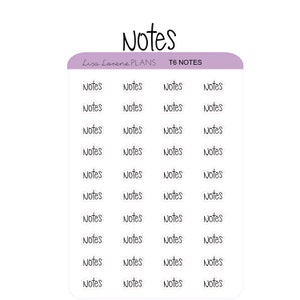 May include: A sheet of stickers with the word "Notes" printed on each sticker. The stickers are arranged in a grid of 12 rows and 4 columns. The stickers are white with black text. The sheet is on a purple background.