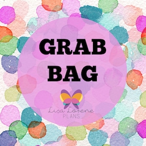 May include: A pink circle with the text "GRAB BAG" in black letters. A butterfly with yellow, orange, and purple wings is below the text. The text "Lisa Lorene PLANS" is below the butterfly.