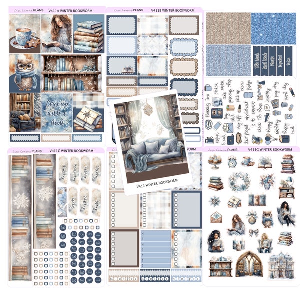 WINTER BOOKWORM Weekly Sticker Kit  | Vertical Planner  | perfect for Vertical Erin Condren Life planner | reading teacups V411